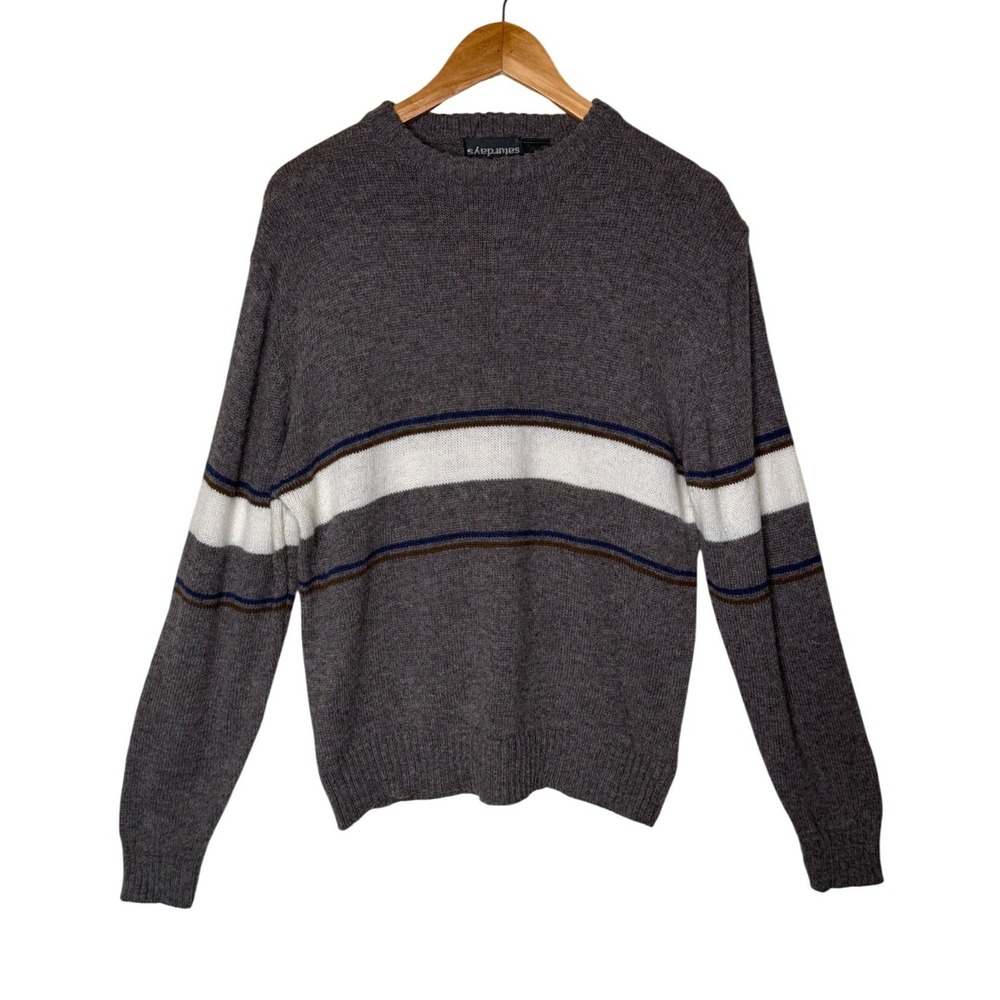Saturdays Striped Sweater Mens Large Grey Wool Blend Gorpcore Crewneck Preppy